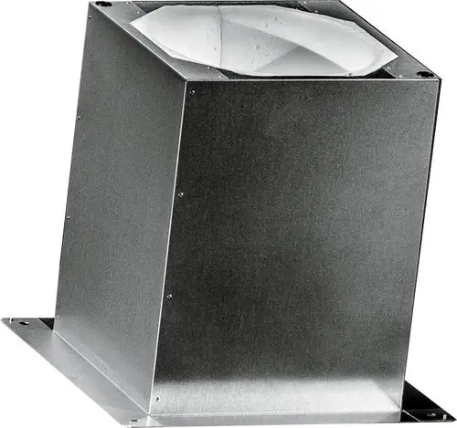 Ansaugschalldämpfer von Wolf in quadratischer Form aus Metall mit einer konischen Innenstruktur zur Geräuschreduktion in Lüftungssystemen.